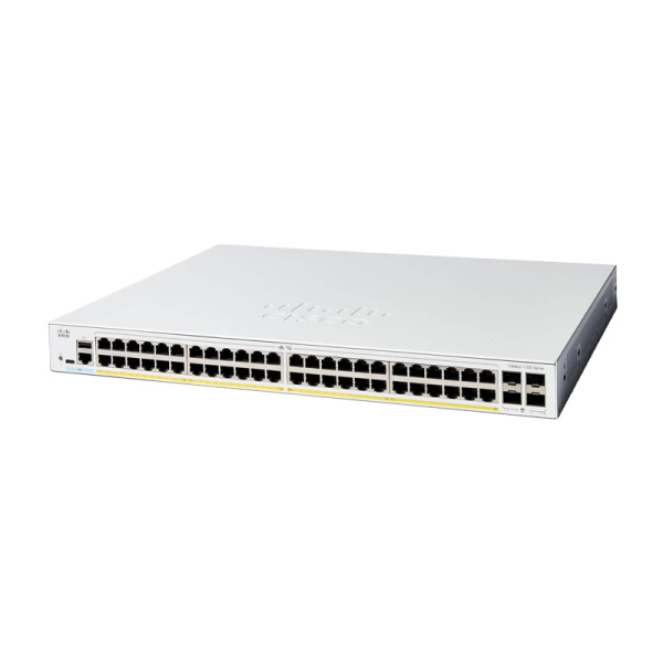 Коммутатор Cisco Catalyst C1300-48P-4G, 48×GE PoE+, 4×1G SFP, 370 Вт PoE, 104 Гбит/с, 77,38 Mpps, L2/L3, стек до 8 устройств, управление через Cisco Business Dashboard