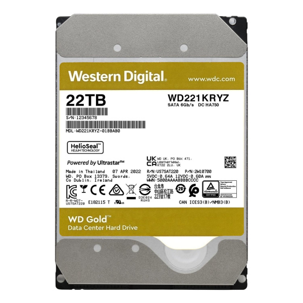 Жесткий диск Western Digital WD221KRYZ, объем 22 ТБ, интерфейс SATA 6 Гбит/с, форм-фактор 3.5", скорость вращения 7200 об/мин, кэш 512 МБ, технология записи CMR Жесткий диск Western Digital WD221KRYZ, объем 22 ТБ, интерфейс SATA 6 Гбит/с, форм-фактор 3.5", скорость вращения 7200 об/мин, кэш 512 МБ, технология записи CMR