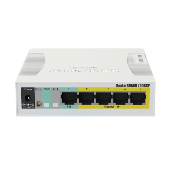 ​Коммутатор MikroTik CSS106-1G-4P-1S (RB260GSP), 5 портов Gigabit Ethernet с PoE-выходом на портах 2–5, 1 порт SFP, управляемый, операционная система SwOS