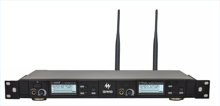 Радиосистема Aiwia U-3650D II-R, двухканальный приёмник UHF, ЖК-дисплей, автоматическая синхронизация частот, выходы XLR и 6,35 мм, питание 12 В DC