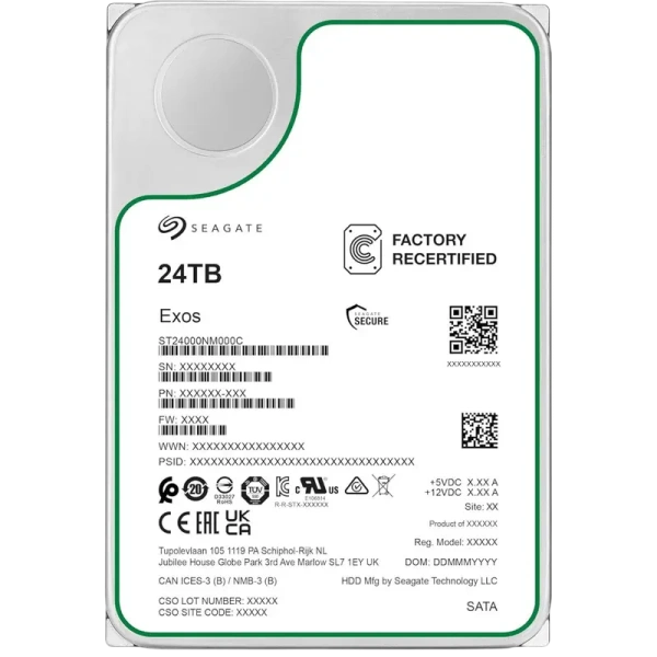 Жесткий диск Seagate ST24000NM000C, серия Exos X24, 24 ТБ, 3.5", SATA 6 Гбит/с, 7200 об/мин, CMR, 512 МБ кэш, для корпоративных систем хранения данных Жесткий диск Seagate ST24000NM000C, серия Exos X24, 24 ТБ, 3.5", SATA 6 Гбит/с, 7200 об/мин, CMR, 512 МБ кэш, для корпоративных систем хранения данных
