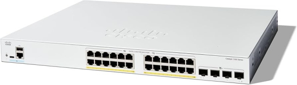 Коммутатор Cisco Catalyst C1300-24FP-4X, 24×1G RJ45 PoE+ (370 Вт), 4×10G SFP+, 128 Гбит/с, 95 Mpps, L3, IPv6, 1U