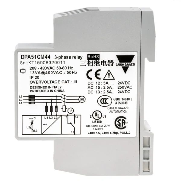 Реле фазового контроля Carlo Gavazzi DPA51CM44 B014, 3 фазы, SPDT, 177–550 В AC, для установки на DIN-рейку