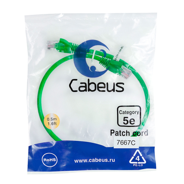 Кабель Cabeus PC-UTP-RJ45-CAT.5E-0.5M-GN-LSZH